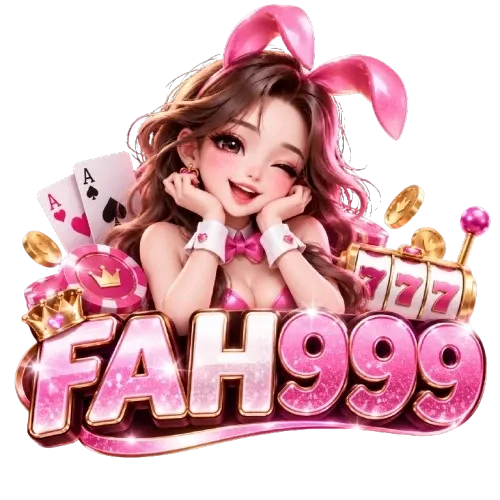 โลโก้ FAH999 เป็นสาวผมน้ำตาลใส่หูกระต่ายสีชมพู เท้าแก้มทั้งสองข้างและขยิบตา มีไพ่เอซโพดำกับเอซโพแดง ชิปคาสิโนชมพูขอบทอง เหรียญทอง และตู้สล็อต 777 สีทองล้อมอยู่ ด้านล่างเป็นตัวอักษร FAH999 สีชมพูประกายสามมิติขอบขาว-ทอง บนแผ่นป้ายสีเข้มขอบทอง